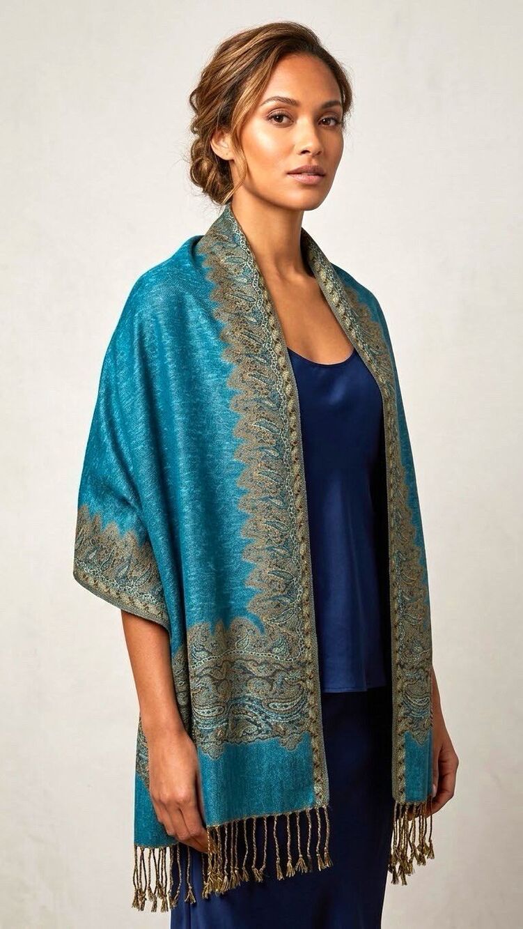 Women’s Blue/Gold/Black Paisley Fringe Shawl Wrap Scarf Woven Viscose/Acrylic